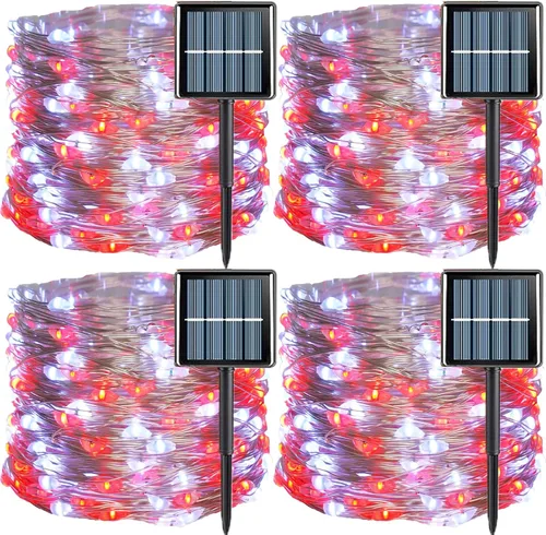 Vista 12 de QITONG - 4 paquetes de luces solares de Navidad blancas, cada una de 33 pies, 100 LED, luces de hadas impermeables para exteriores, 8 modos, luces