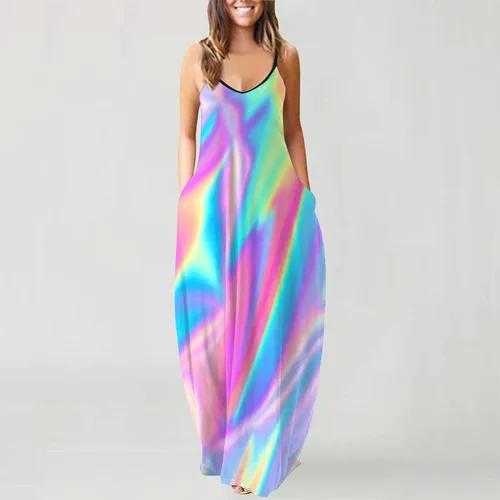 Vista 2 de Oiumov Vestido bohemio para mujer, casual, de verano, sexy, con tirantes delgados, estampado de playa, vestido largo con bolsillos