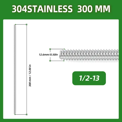 Vista 3 de TAISHER 2 varillas de acero inoxidable 304 totalmente roscadas, tornillo roscado largo de 1/2 "-13 de 12 pulgadas de longitud, roscas de mano derecha