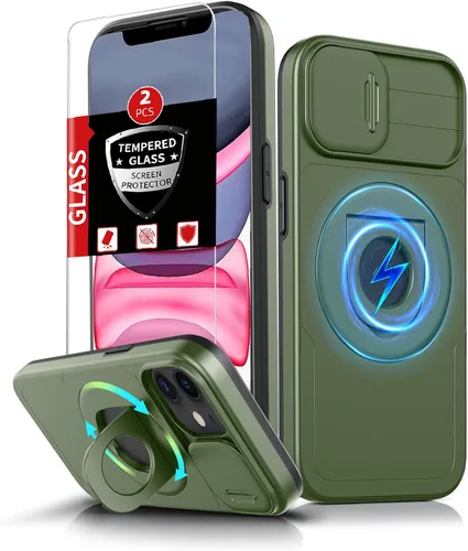Vista 66 de Funda magnética para iPhone 11 Pro compatible con carga inalámbrica MagSafe, con 2 protectores de pantalla, anillo kickstand de 360° integrado +