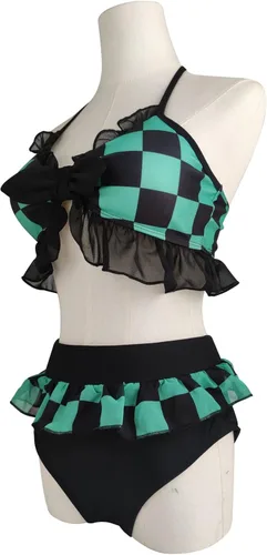 Vista 8 de Juego de tres piezas de traje de baño de Kochou Shinobu Halter con corbata, Demon Slayer para cosplay y cosplay de Kochou Shinobu para Halloween