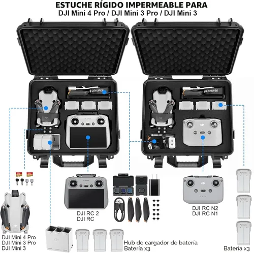 Vista 2 de Lekufee Funda rígida impermeable para DJI Mini 4 Pro/4/3 Pro/Mini 3, Fly More Combo, DJI RC 2/RC, RC N3/2/1 mando a distancia y accesorios