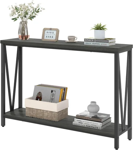 Vista 8 de EXCEFUR Mesa de entrada, sofá de madera rústica con almacenamiento, mesa de pasillo moderna para sala de estar, color gris
