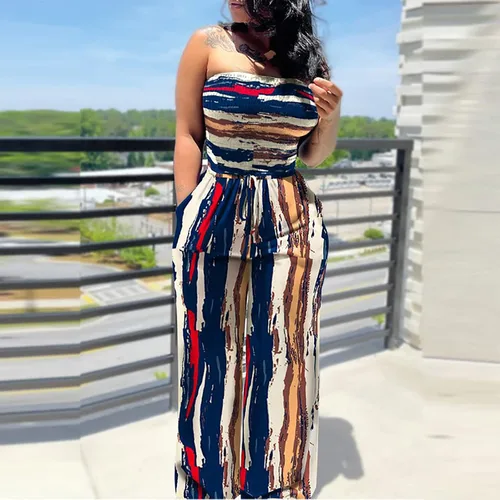 Vista 4 de tuduoms Enterizo sexy para mujer, con hombros descubiertos, sin tirantes, pantalones anchos de pierna con estampado de lunares, sueltos