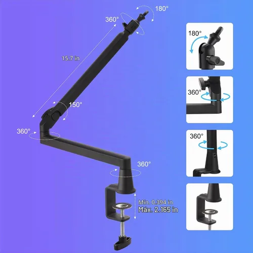Vista 3 de Brazo de micrófono de perfil bajo de 5.9 in elevador extra, brazo de micrófono ajustable, soporte de micrófono montado en escritorio de metal