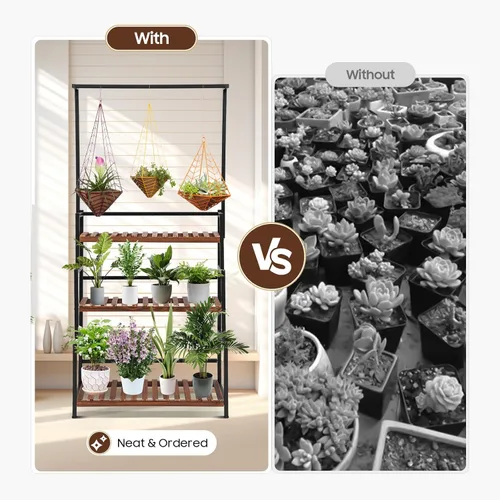 Vista 7 de Soporte para plantas colgantes de 3 niveles, estantes de exhibición de macetas de metal, soporte para flores, estante de exhibición abierto