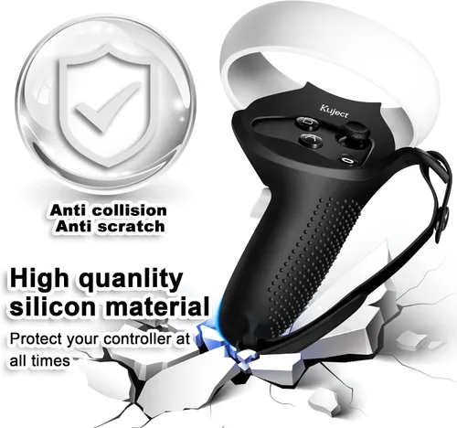 Vista 6 de Kuject Empuñaduras de control de diseño para Oculus Quest 2, funda de silicona antitiramiento con correas ajustables para nudillos, protector