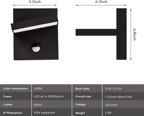 Vista 6 de Luz exterior con sensor de movimiento, luces LED de seguridad de 650 lm para exteriores, impermeables, con cabezal ajustable de 270°, iluminación