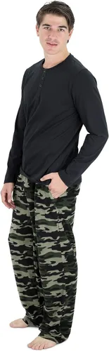Vista 2 de Cherokee Men's Pajama Set, Long Sleeve Cotton Top & Micro Fleece Pants, Breathable Cozy Loungewear