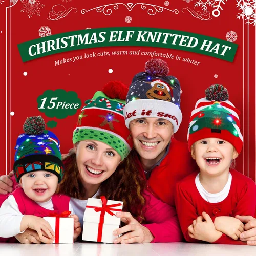 Vista 3 de Vicenpal Paquete de 15 gorros de Navidad con luces LED, gorro de punto con luz de Navidad, gorro de suéter de Navidad, suministros de fiesta