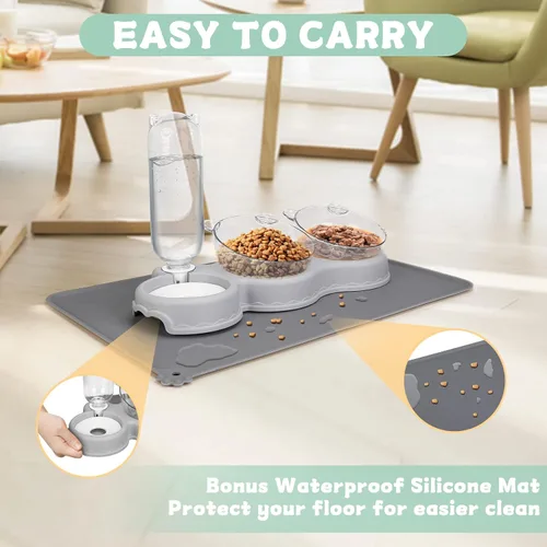 Vista 5 de Cuencos triples para comida y agua, cuencos elevados de plástico para gatos con botella de agua automática y tapete impermeable para gatos y perros