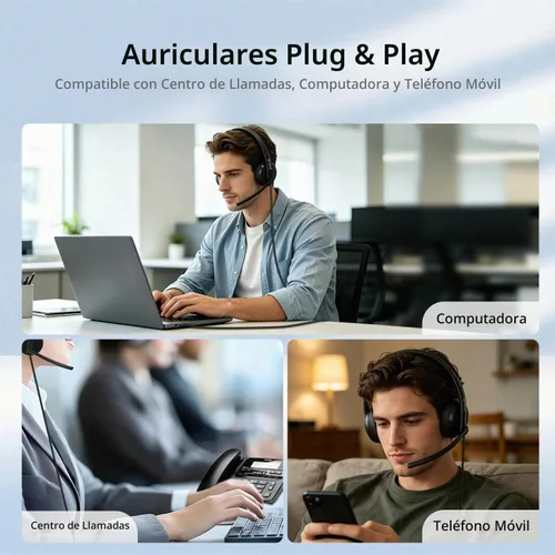 Vista 6 de TOALLIN Auriculares con cable con micrófono, auriculares estéreo USB con micrófono con cancelación de ruido, control de volumen, silencio de una