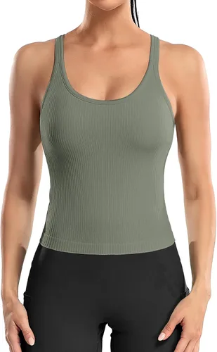 Vista 47 de ATTRACO Camiseta corta acanalada de entrenamiento para mujer con brasier integrado para yoga, espalda cruzada, ajuste ajustado