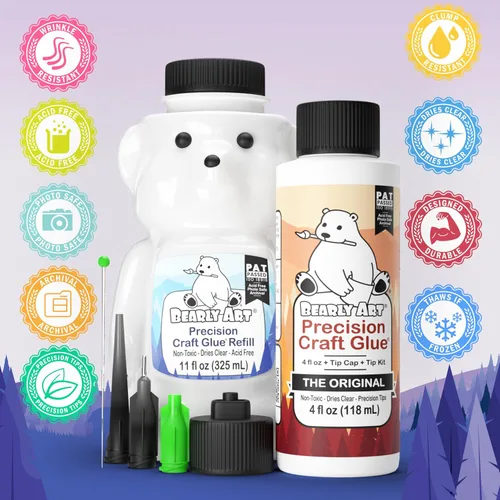 Vista 4 de Bearly Art Precision Craft Glue - Paquete de 4 onzas líquidas y 11 onzas líquidas de oso de repuesto - Kit de puntas incluido - Resistente a