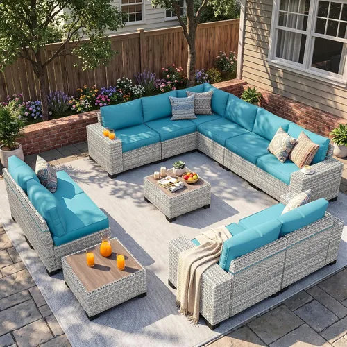 Vista 66 de Muebles de patio al aire libre conjunto PE mimbre ratán al aire libre sofá seccional Gris