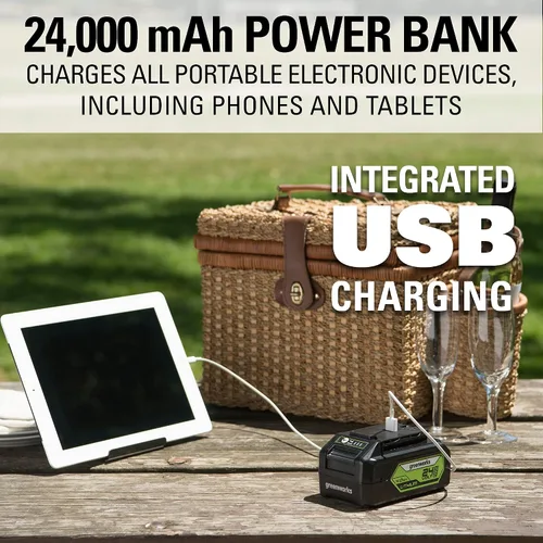 Vista 10 de Greenworks - Cortacésped inalámbrico de 24 V y 13 pulgadas (2 en 1), batería USB de 4.0 Ah (multipuerto USB) y cargador MO24B410 incluido