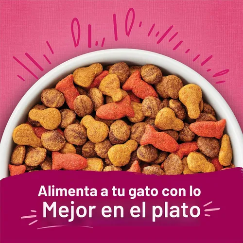 Vista 6 de Purina Friskies - Remolinos de salsa con sabores de pollo, salmón y salsa, comida seca para gatos, bolsa de 3.15 libras