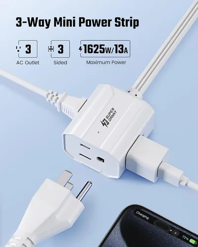 Vista 3 de Cable de extensión corto de 1.5 pies SUPERDANNY, regleta de enchufe plano en ángulo recto, cable de extensión de 13 A para interiores con 3 tomas