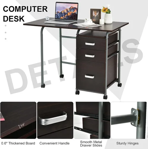 Vista 8 de Tangkula Escritorio plegable para computadora con 3 cajones de almacenamiento, escritorio de oficina en casa móvil, escritorio de estudio con ruedas