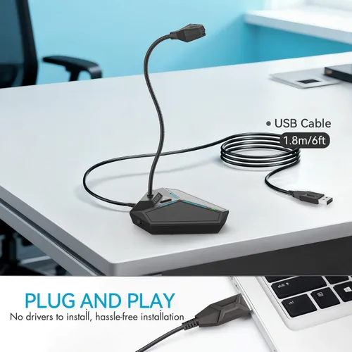 Vista 4 de Micrófono de computadora USB, micrófono de escritorio omnidireccional de condensador Plug & Play para PC y portátil, botón de silencio con indicador