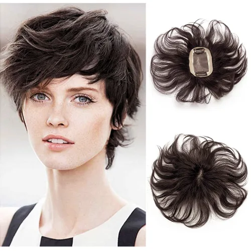Vista 12 de Extensiones de cabello humano con base monofónica tejida a mano, 7 pulgadas, cabello ondulado corto, 2.8 x 3.9 in, parte libre, área pequeña De