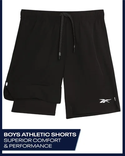 Vista 2 de Reebok Pantalones cortos de baloncesto 2 en 1 con forro de compresión y bolsillos, pantalones cortos deportivos para niños para gimnasio y correr