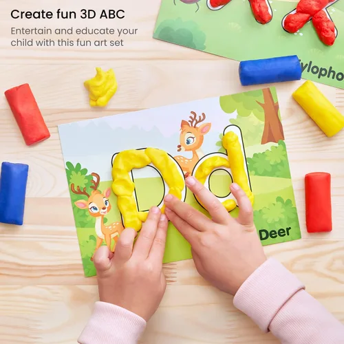 Vista 4 de Arteza Kids Play Dough, kit de aprendizaje del alfabeto, 30 piezas de arcilla seca al aire, 0.8 onzas, rojo, amarillo y azul, 26 tarjetas