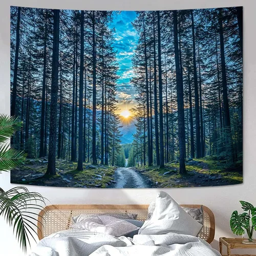 Vista 13 de Zussun Tapiz de Bosque Natural de Montaña Tapiz Verde de Pino Luz Solar Selva para Dormitorio Estético Planta Paisaje de Montaña Tapices Pequeños