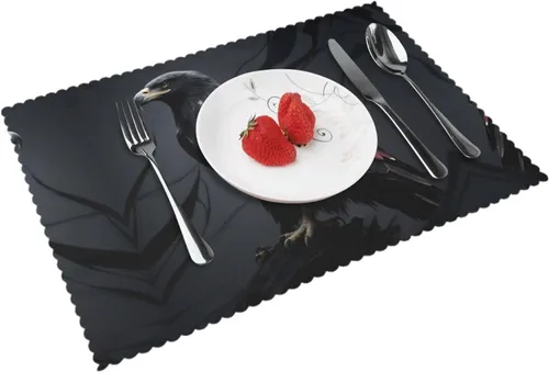 Vista 9 de Rectangular Placemats Set of 4, Heat Resistant Black Eagle Printed Kitchen Dining Table Mats