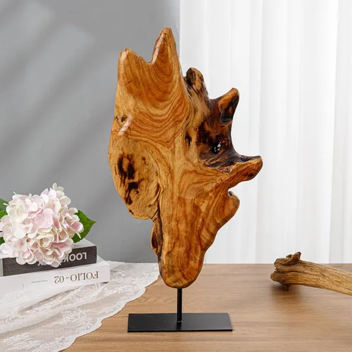 Vista 2 de Escultura irregular de madera de raíz tallada a mano, escultura abstracta de pie para decoración del hogar, estatua de mesa con borde natural