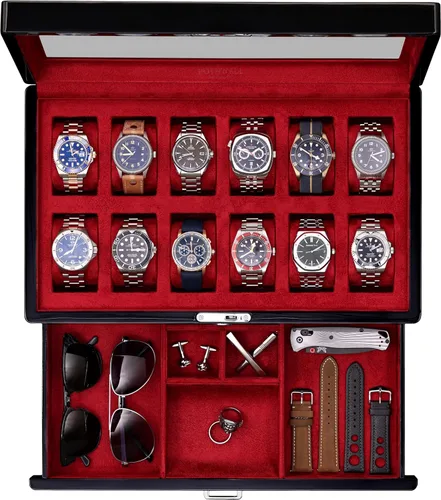Vista 4 de ROTHWELL Caja de reloj de lujo para 12 relojes, caja de reloj de cuero PU con tapa de vidrio real, cajón deslizable para accesorios con múltiples
