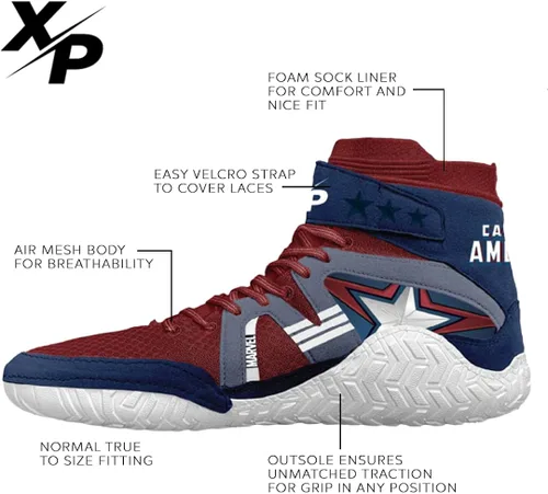 Vista 5 de Xtreme Pro Captain America Kids and Adult Wrestling Shoe's Air Mesh Easy StrapLace Cover Foam Sock Liner (RedBlueWhite)