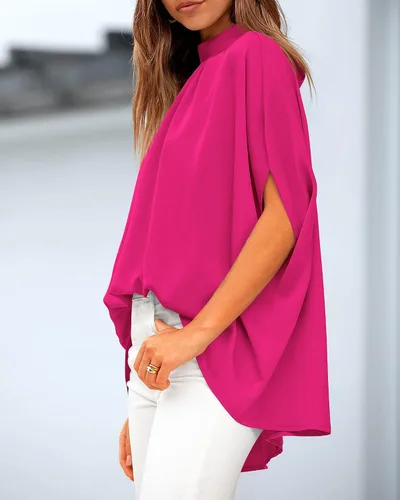 Vista 67 de BTFBM Blusas de verano para mujer, cuello alto falso, manga murciélago, holgadas, dobladillo alto y bajo, blusas informales de gran