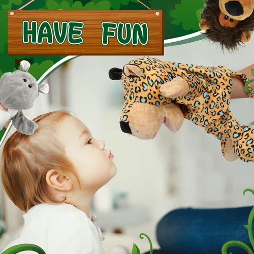 Vista 4 de Lenwen Juego de 10 títeres de mano de animales para niños, juguetes de selva de felpa suave con boca abierta y movible, amigo, safari, vida