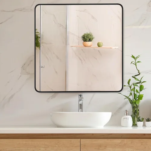 Vista 3 de Espejo rectangular de baño de 30 x 30 pulgadas con marco de metal negro, espejo rectangular de esquina redondeada para pared, moderno y grande