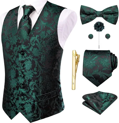 Vista 30 de Hi-Tie Chaleco de traje de seda para hombre, corbata y corbatín de solapa, clip de corbata dorado, chaleco floral de cachemira, 8 piezas, conjunto