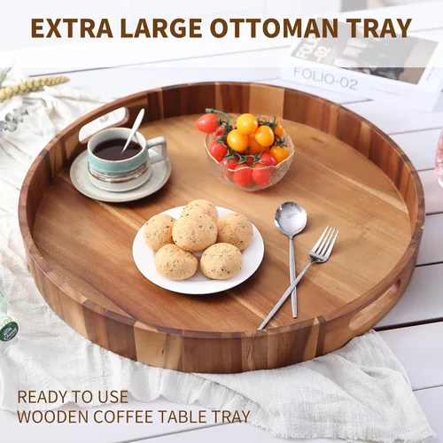 Vista 3 de Bandeja extra grande de 20" de madera de acacia con asas - Bandeja de madera para otomano, mesa de café, charcutería, cama y desayuno