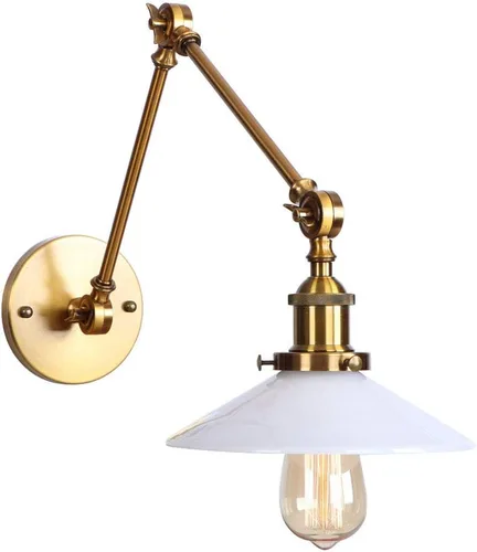 Vista 4 de Iluminación estilo loft con forma de platillo, aplique de pared ajustable, pantalla de vidrio blanco lechoso, brazo oscilante, lámpara de pared Latón