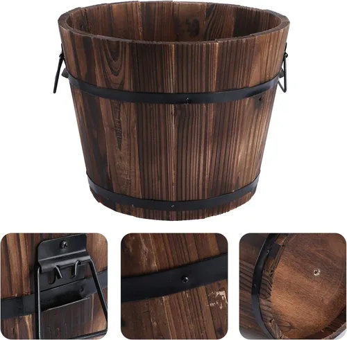 Vista 4 de Yardwe Cubos de barril de madera para whisky con asa, maceta de flores, macetas, cajas para cafetería, jardín, plantas hidropónicas