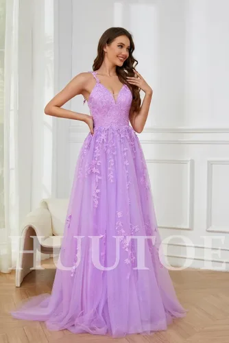 Vista 4 de Vestidos de graduación de tul con purpurina, cuello en V, apliques de encaje, vestidos largos de baile para mujer, vestidos formales de tirantes