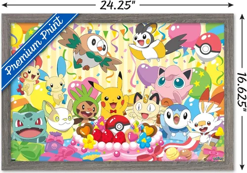 Vista 3 de Pokémon - Póster de pared para fiesta de cumpleaños, 22.4 pulgadas de largo x 14.7 pulgadas de ancho, versión enmarcada de madera de granero