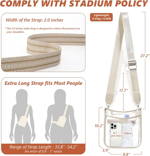 Vista 5 de Bolsa transparente grande de 3 bolsillos para eventos de estadio con 2 correas largas para mujer, bolsa cruzada para conciertos, aprobado