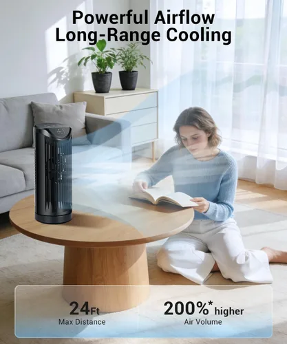 Vista 2 de Ventilador de torre personal para dormitorio, ventilador de mesa de escritorio portátil, ventilador de pie de refrigeración con 3 velocidades