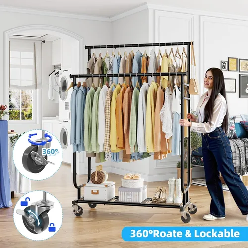 Vista 6 de Estante para ropa Ekisemio con capacidad de carga de 450LBS, estante resistente para ropa con ruedas, estantes enrollables para colgar ropa