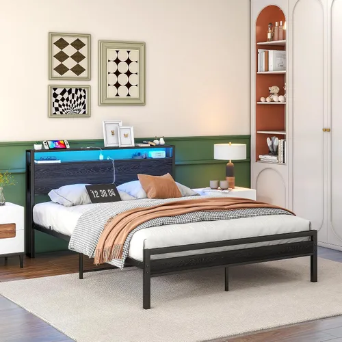 Vista 3 de BOFENG Base de cama Queen con cabecera de almacenamiento, marco de cama de plataforma de metal tamaño Queen con luces LED, estación de carga,