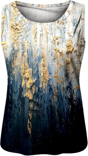 Vista 4 de Camisetas para mujer cuello redondo sin mangas estampadas casuales de ajuste holgado básicas blusa de playa con encaje negro
