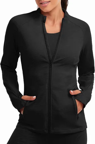 Vista 4 de Chaqueta deportiva ligera con cremallera completa para mujer, con bolsillo para entrenamiento, yoga, senderismo, con agujeros para el pulgar