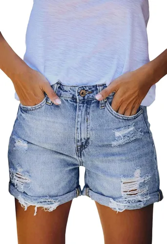 Vista 2 de HUUSA Pantalones cortos de mezclilla rasgados para mujer, cintura alta, desgastados, casuales, dobladillo enrollado, pantalones cortos con bolsillos