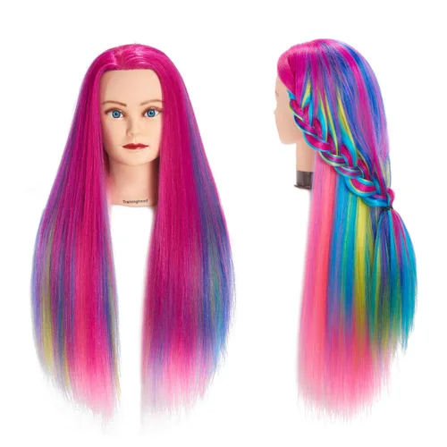 Vista 8 de Cabeza de Entrenamiento 26"-28" Cabeza de Maniquí para Peinado Maniquí de Cosmetología Cabeza de Muñeca Cabello de Fibra Sintética