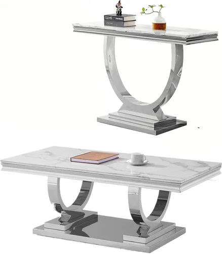 Vista 12 de Juego de 2 mesas de café de mármol, juego de mesa de sala de estar de 2 piezas que incluye 1 mesa auxiliar y 1 mesa auxiliar, moderna mesa de centro